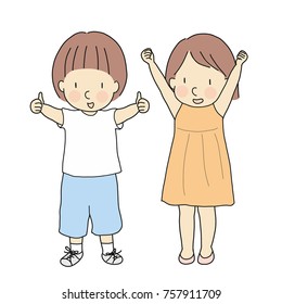 Vector illustration of two kids, boy with thumbs up and girl with raised arms & fits celebrating success. Sign and gesturing - okay, yes, well done, victory, winner. Cartoon character drawing style.