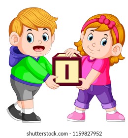 vector illustration of two kids carrying alphabet block
