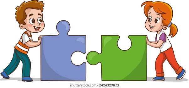 vector illustration of two kids connecting puzzle elements.collaboration and success concept