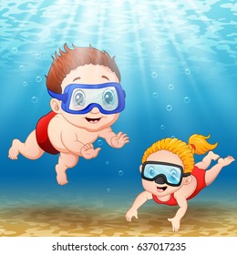 Vector illustration of Two kids diving underwater