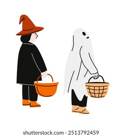 Vector illustration of two kids dressed in Halloween costumes, a witch and a ghost. Flat style illustration isolated on a white background.