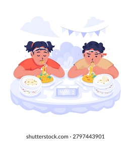 Vector illustration of two kids enjoying a traditional eating contest during Independence Day celebration, Food culinary games, Cartoon style design