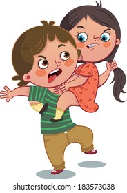 Vector Illustration Of Two Kids Fighting.