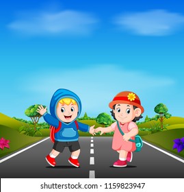 vector illustration of two kids go to school on the road