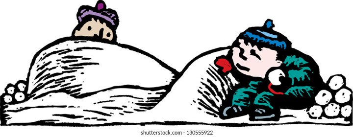 Vector illustration of two kids having a snowball fight
