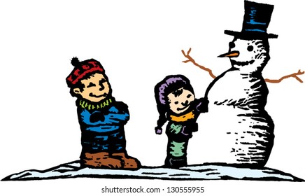 Vector illustration of two kids making a snowman