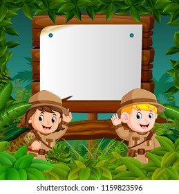 Vector Illustration Of Two Kids On A Jungle Adventure With Blank Wood Background