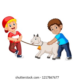 vector illustration of two kids playing with goat