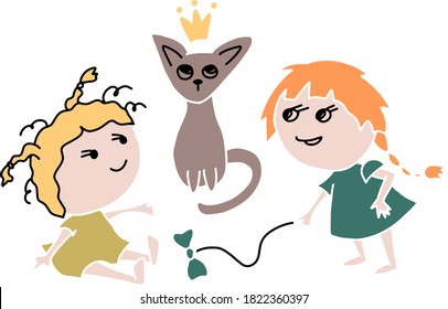 vector illustration two kids playing with a cat