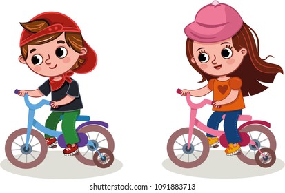 Vector illustration of two kids riding a bike. 