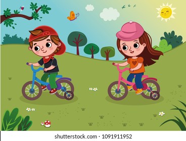 Vector illustration of two kids riding a bike in the nature. 