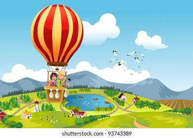 A Vector Illustration Of Two Kids Riding A Hot Air Balloon