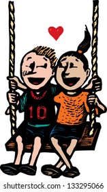 Vector illustration of two kids sharing swing