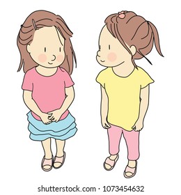 Vector illustration of two kids standing and smiling together. Early childhood development, happy children day, best friend, friendship concept. Cartoon character drawing.
