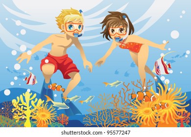 A vector illustration of two kids swimming and diving underwater in the ocean