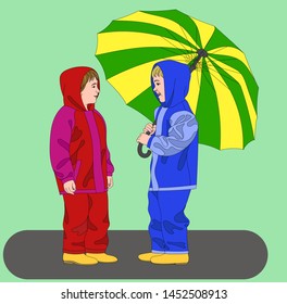 Vector illustration - two kids talking under an umbrella