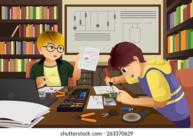 A vector illustration of two kids working on an electronic project