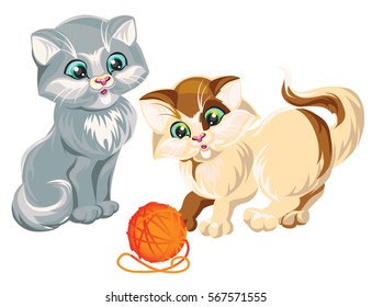 Vector Illustration of two kittens playing ball of yarn for knitting