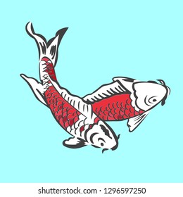 Vector illustration of two koi carps.  Colorful graphic tattoo. Japanese carp drawing. T-shirt print. Outline asian carp fish.
