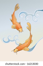 Vector illustration of two koi carps splashing in water and swiming around in a cool pond.