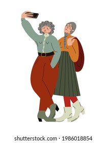 A vector illustration of two ladies taking a selfie shot. Elderly female bloggers posing in front of a smartphone camera. Senior influencers. Street style trendsetter. Active retirement. No to agism.
