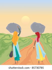 vector illustration of two lady tea pickers carrying sacks of tea along an earth path in eps 10 format