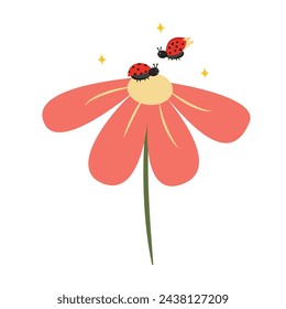 Vector Illustration of Two Ladybugs Dwelling on Spring Flowers