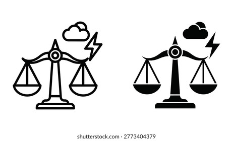 A vector illustration of two law scales with clouds and lightning, symbolizing justice and turmoil, suitable for legal, business, or educational materials.