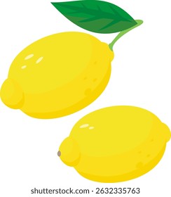 Vector illustration of two lemons. Some green leaves. Simple and flat style. Image with white background. It looks like a grapefruit or a lime.