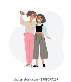 Vector illustration of two lesbian girls hugging and taking selfie together. lgbt couple concept. Valentines day card. 