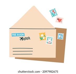 Vector illustration of two letters with colorful stamps and "par avion" postmark which means "by airmail". Open and closed envelopes and postage stamps in trendy flat style.