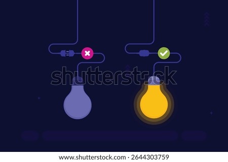 Vector illustration of Two light bulbs are shown against a dark blue background. The bulb on the left is unlit and connected via a split cord, marked with a red 
