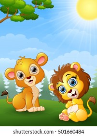 vector illustration of Two lion cub cartoon in the jungle
