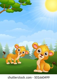 vector illustration of Two lion cub cartoon in the jungle