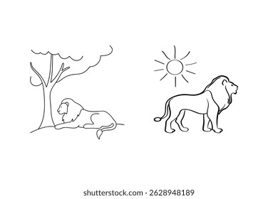 Vector illustration of two lions one resting and one standing under the sun