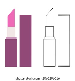 A vector illustration of two lipsticks isolated on transparent background. Designed in black and white, pink, purple colors as a coloring book page.