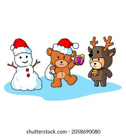 Vector illustration of two little bears in christmas theme cloths and big snowman