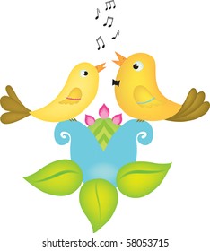 Vector illustration of two little birds singing