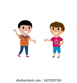 Vector illustration of two little boys talking,reunion friends.Cartoon design isolated on white background