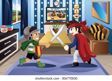 A vector illustration of Two little boys playing with swords