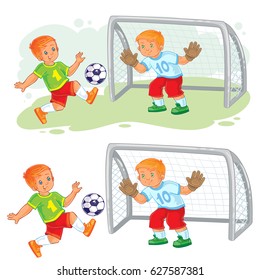 Vector illustration of two little boys playing soccer. Goalkeeper stands at goal and prepares to catch the ball