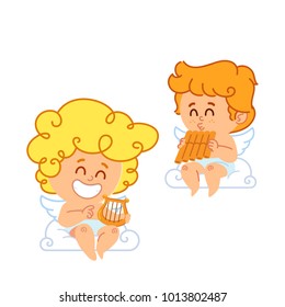 Vector illustration of two little cupids playing musical instruments