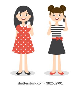 Vector illustration of two little cute girls with smartphones