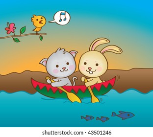 Vector illustration of two little cute animal friends paddling a canoe in  the river.