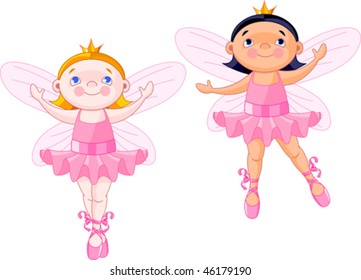 Ilustración vectorial de dos pequeñas hadas vestidas como bailarinas