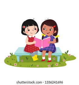 Vector illustration of  two little girls sitting on the bench and reading book together.
