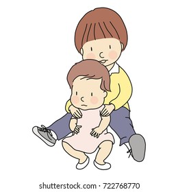 Vector illustration of two little innocent brother and sister sitting together on floor. Family, siblings, brotherhood, friendship, early childhood development concept. Cartoon character drawing.