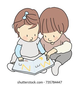 Vector illustration of two little kids, brother and sister, sitting & reading abc alphabet book together. Early childhood development activity, education and learning, family, child, siblings concept.