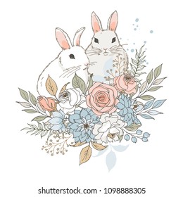 Vector illustration. Two little rabbits and bouquet of flowers. A lovely, gentle composition in pastel colors