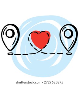 Vector illustration of two location pins linked by a heart-shaped path. Concept for long distance love, finding each other, traveling to meet a partner, and emotional connection across different cities. Minimalist sketchy style on white background.